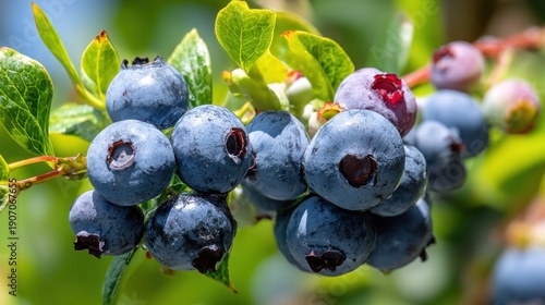 Close up of fresh blueberries on a branch with green leaves and sunlight