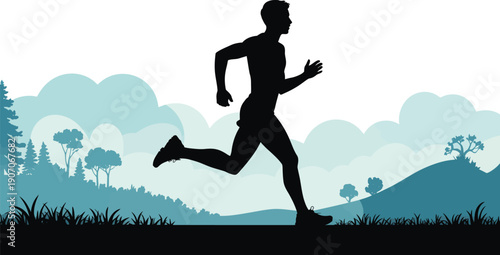 Silhouette of a man running in a natural landscape