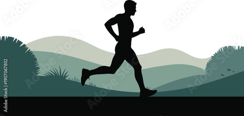 Silhouette of a man running through a green landscape