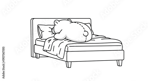 Simple line drawing of a teddy bear resting on a child s bed