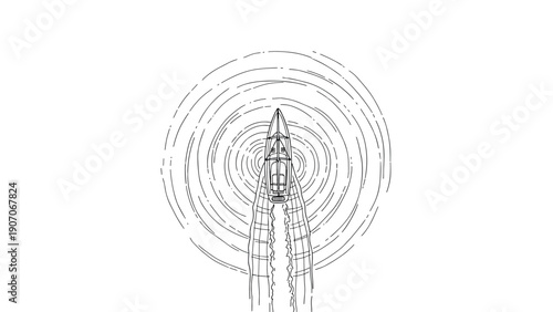 Linear boat on water with concentric wave patterns