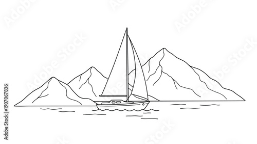 Sailboat gliding in tranquil mountain lake scene in simple line art