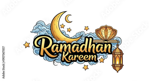 A beautifully composed digital illustration featuring "Ramadhan Kareem" calligraphy integrated with charming cartoon elements like a crescent moon and fanoos lantern. 