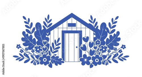 Blue and white illustration of a house adorned with floral and leafy designs