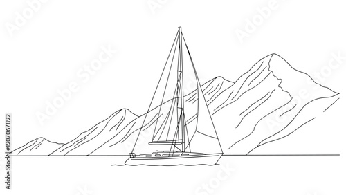 Sailboat journey in mountainous landscape illustration