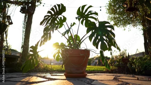Lush green monstera plant in a terracotta pot bathed in warm golden hour sunlight.