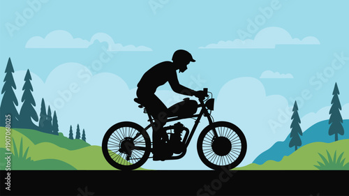 Silhouette of a motorcyclist riding through a green landscape