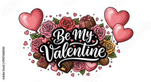 A beautifully composed digital illustration featuring "BE MY VALENTINE" calligraphy integrated with charming cartoon elements like a roses, chocolate and heart shaped baloon