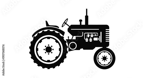 A black and white silhouette illustration of a classic farm tractor
