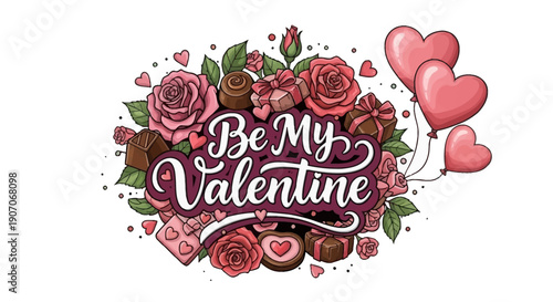 A beautifully composed digital illustration featuring "BE MY VALENTINE" calligraphy integrated with charming cartoon elements like a roses, chocolate and heart shaped baloon