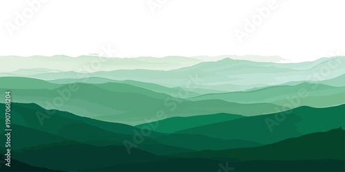 Vector Serene panorama of verdant mountains rolling into the horizon, evoking tranquility and boundless scale. Layers of varying hues portray depth and dimension.