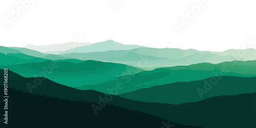 Vector Vivid depiction of layers of rolling mountains blanketed in gradient of deep emerald hues, evoking serenity, tranquility, and natural beauty.