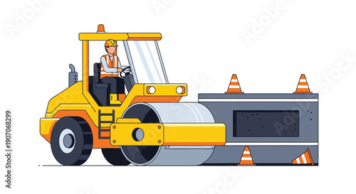 Cartoon illustration of a yellow road roller with an operator and cones
