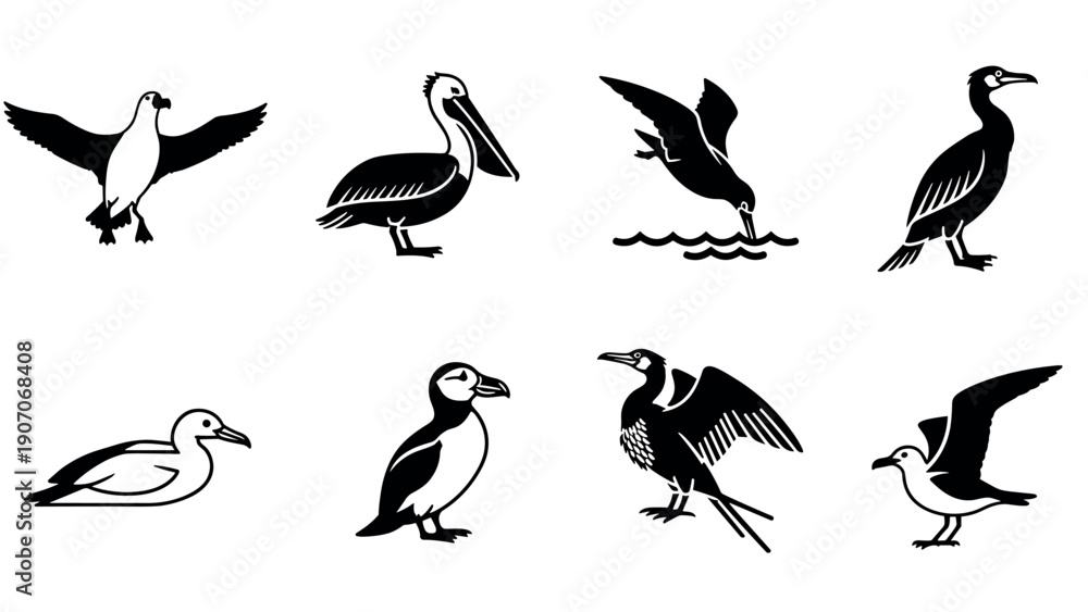 Obraz premium Stylized bird silhouettes: seabirds in flight and perched