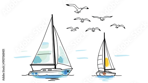 Charming nautical scene with sailboats and seagulls in minimalist watercolor style