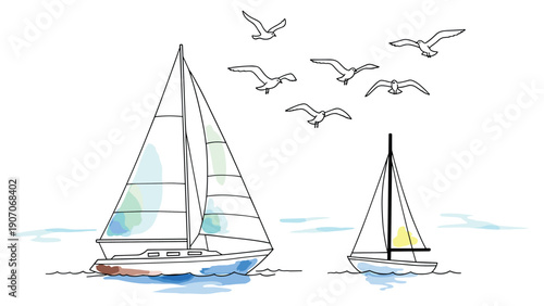 Elegantly designed yachts with sailboats and seagulls in light watercolor style
