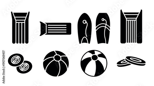 Summer beach essentials: inflatable pool items and beach toys in silhouette design