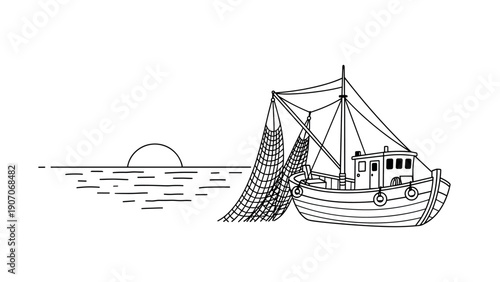 Fishing boat in ocean with sunrise background in linear style