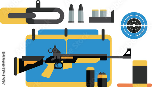 Flat shooting range firearm equipment illustration, rifle ammunition target practice gear vector training concept design