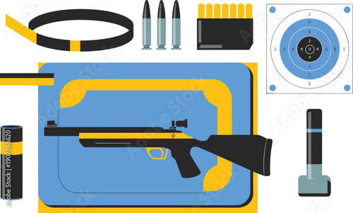 Flat shooting sport equipment illustration, air rifle target practice kit, ammunition accessories, marksmanship training vector design