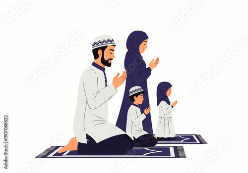 Flat design illustration of a Muslim family in traditional attire praying together on a mat in a vector style with a simple background.