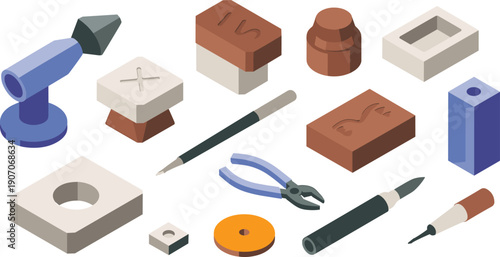 Isometric 3D tool set illustration, geometric blocks, workshop equipment icons, minimal industrial design collection vector style