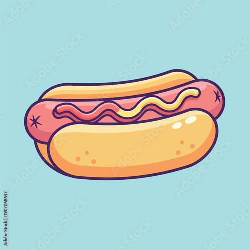 A stylized cartoon hot dog with a bun and condiments on a light blue background with a playful and colorful mood.