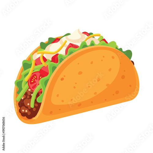 Illustration of a taco with lettuce, tomatoes, and sour cream on a white background, showcasing a vibrant and appetizing Mexican dish.