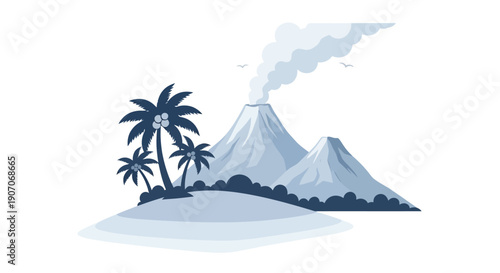 Tropical island scene featuring a volcanic mountain with smoke and palm trees