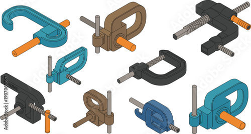 Isometric clamp hardware collection illustration, adjustable fastening tools woodworking C clamps workshop mechanical equipment vector design set
