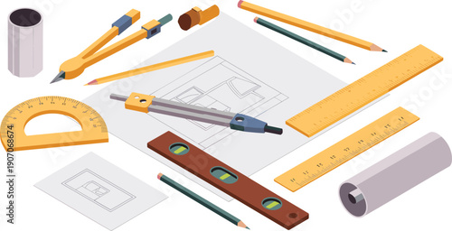 Isometric architectural drafting workspace illustration, blueprint compass rulers pencils measurement tools engineering vector design planning concept