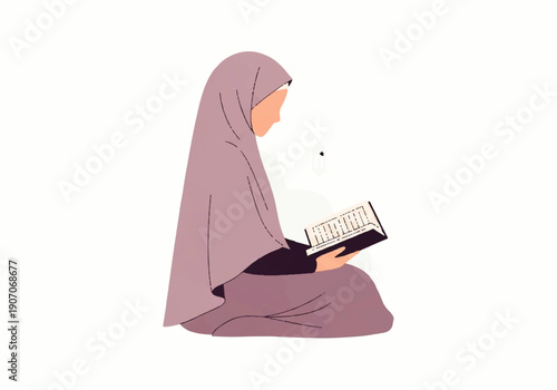 A woman wearing a hijab sits cross-legged on the floor reading a book in a flat design illustration vector style with a simple background.