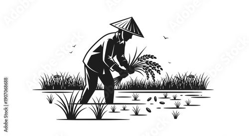 A farmer tending to rice paddies in a black and white illustration