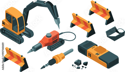 Isometric construction demolition equipment illustration, excavator jackhammer road barriers heavy machinery industrial tools vector worksite set design