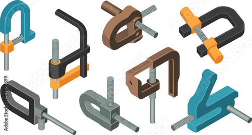 Isometric clamp tool collection illustration, woodworking fastening equipment adjustable C clamps workshop hardware vector mechanical design set