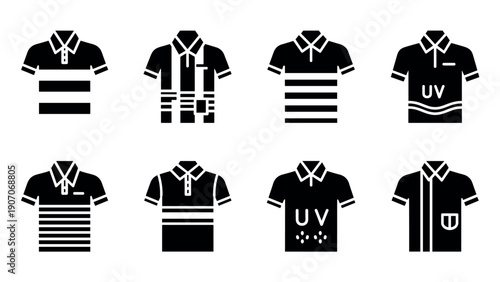 Set of eight black polo shirt silhouettes with unique patterns and designs