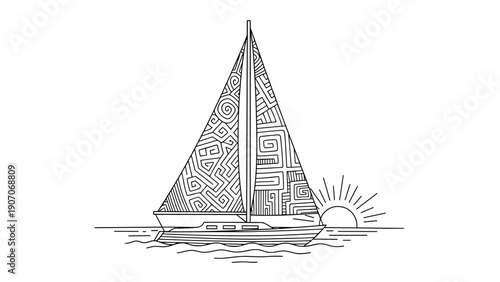 Intricate patterned sailboat silhouette at sunset in linear art style