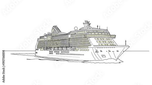 Outline of a cruise ship on open sea: classic linear maritime design