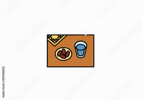 Flat design illustration vector of a simple breakfast setting with a plate of food and a cup on a brown tablecloth.