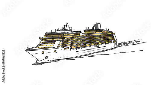 Large cruise ship navigating in linear style with minimalist artistic flair