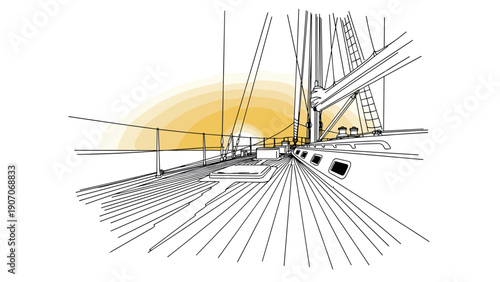 Sailing ship deck at sunset with linear sunburst design