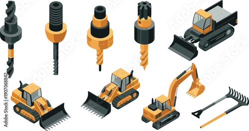 Isometric construction machinery and drill bit set illustration, heavy equipment vehicles and industrial tools vector graphics collection