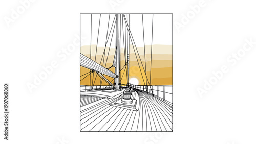Sailing at sunset: linear art of yacht deck with vibrant horizon