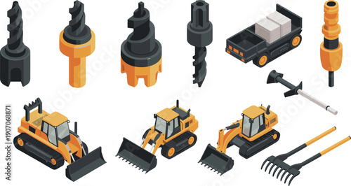 Isometric construction machinery and drill bit illustration set, heavy equipment vehicles and industrial tools vector graphics collection