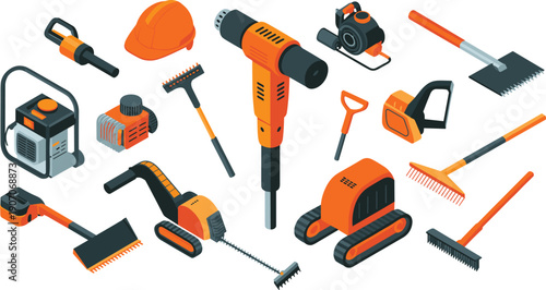 Isometric construction tool illustration set, industrial equipment icons, heavy machinery collection, workshop vector assets for builders