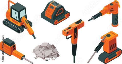 Isometric demolition jackhammer illustration set, construction power tools and industrial breaker machinery vector equipment collection graphics