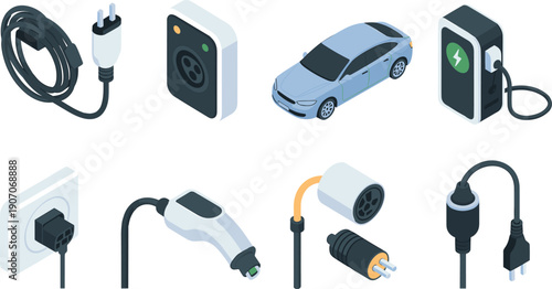 Isometric electric vehicle charging accessories illustration, EV plugs cables station adapter connectors power technology vector equipment set design