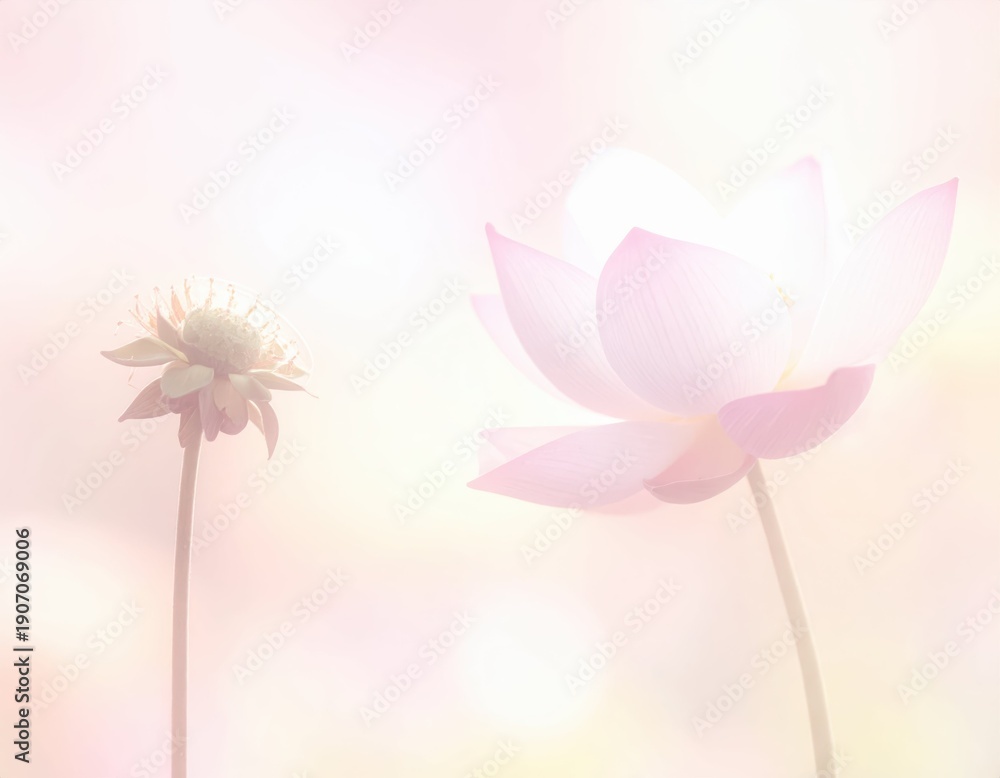 Naklejka premium Delicate Pink Lotus Blossom and Bud Against Soft Pastel Background