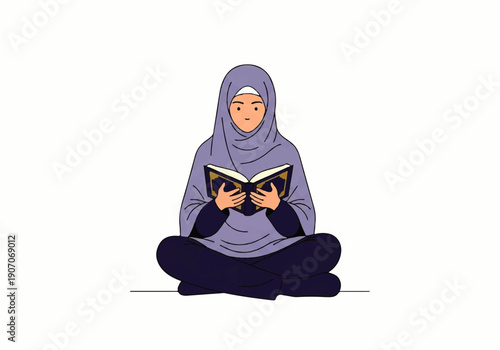 A woman wearing a hijab sits cross-legged reading a book in a flat design illustration vector style against a clean white background.