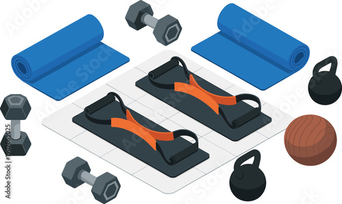 Isometric home fitness workout equipment illustration, dumbbells kettlebells exercise mats strength training gear gym vector set design